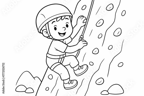 Fun Rock Climbing. Rock climbing children?s coloring book illustration, outlined drawing, friendly child climbing a big rock wall with a smile and safety rope,