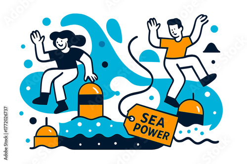 Tidal Energy Illustration. Tidal & Wave Energy. Bobbing floats rhythmically pump as a submarine cable snakes to shore; a tag says ?Sea Power.? Foam dots