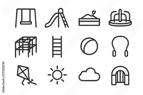 Playground Icons Set. Playground fun. Line icon set of playground fun: swing, slide, sandbox, merry-go-round, climbing frame, ladder, ball, jump rope, kite,