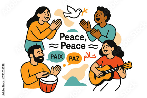 Cultural Harmony Celebration. Cultural Exchange & Music. A circle of people clap and sing with guitar and hand drum; lyric lines read ?Peace, Peace? in shared