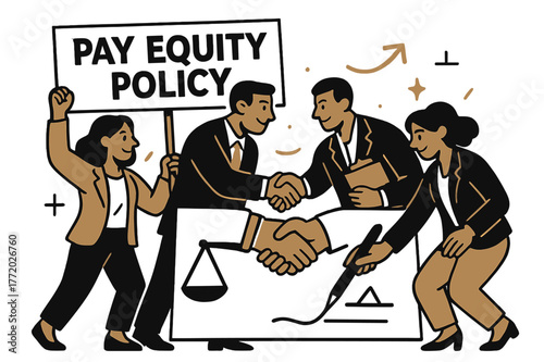 Pay Equity Commitment. Leadership pledge for parity. Executives sign a bold banner ?Pay Equity Policy?; handshake forms a balanced scale silhouette. Commitment