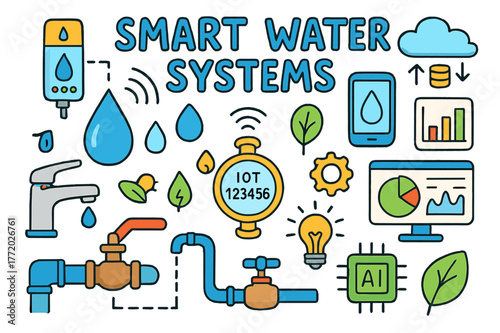 Smart Water Solutions Icons. Smart Water Systems. Colorful Hand-drawn doodle Children illustration Smart Water Systems water sensor, smart faucet, IoT water