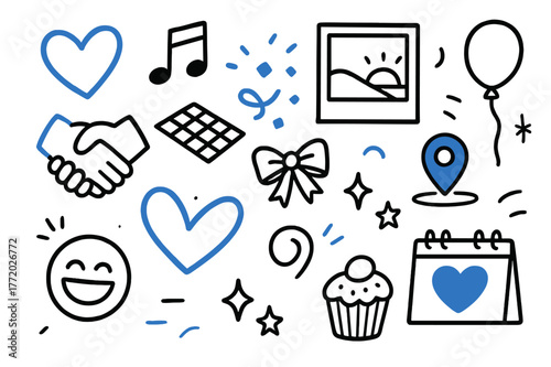 Connected Hearts Doodle. Renewed connection. Hand-drawn doodle illustration renewed connection [two hearts linked (accented), clasped hands (accented), picnic