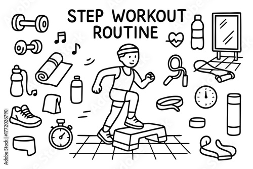 Workout Doodle Essentials. Step Workout Routine. Hand-drawn doodle illustration Step Workout Routine aerobic step, person exercising, dumbbells, sneakers,