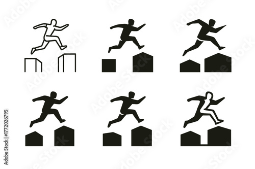 Urban Parkour Logos. Urban parkour. Set Logo of Urban parkour: rooftop leap silhouette. harmonious logo variations of the same emblematic concept, each with