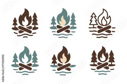 Lakeside Logo Variations. Lakeside. Set Logo of Lakeside: Campfire by shore. Icon set. harmonious logo variations of the same emblematic concept, each with