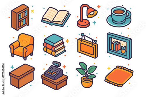 Colorful Bookstore Icons. Bookstore corner. Colorful isometric vector icons set of bookstore corner: bookshelf, open book, reading lamp, coffee cup, armchair,