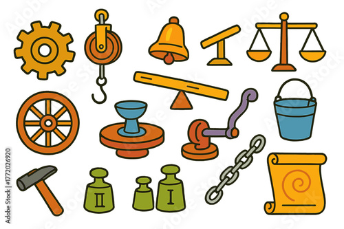 Colorful Early Machines Illustration. Early machines. Colorful Hand-drawn doodle Children illustration Early machines bronze gear, pulley, lever, balance