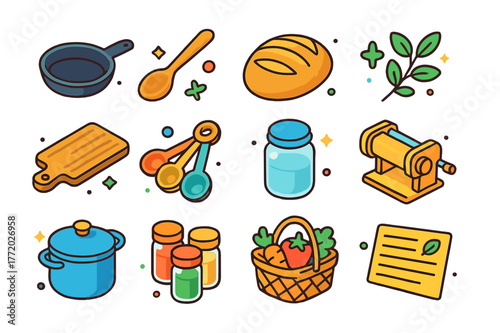 Home Cooking Icons. Home cooking from scratch. Colorful isometric vector icons set of Home cooking from scratch: cast iron pan, wooden spoon, sourdough loaf,