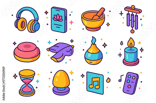 Colorful Meditation Icons. Guided meditation tools. Colorful isometric vector icons set of guided meditation tools: studio headphones, smartphone app screen,