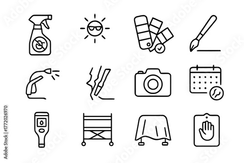 Mural Care Icons. Mural Care and Conservation. Line icon set of Mural Care and Conservation: anti graffiti coating, UV protection sun, color swatch check,