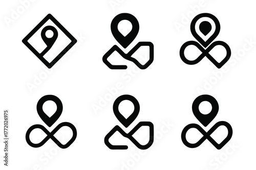 GPS Tracking Logo Variants. GPS run tracking. Set Logo of GPS run tracking: map route line with location pin. harmonious logo variations of the same emblematic