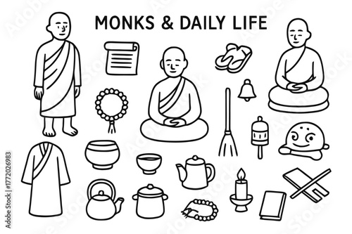 Monastic Symbols Illustration. Monks and daily life. Hand-drawn doodle illustration Monks and daily life monk robe, prayer beads, sutra scroll, meditation