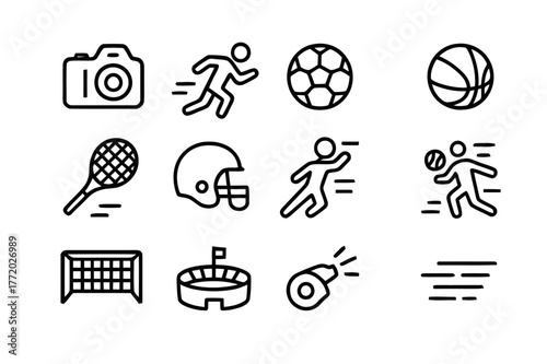 Dynamic Sports Icons. Dynamic sports photography. Line icon set of dynamic sports photography: camera, athlete running, soccer ball, basketball, tennis racket,