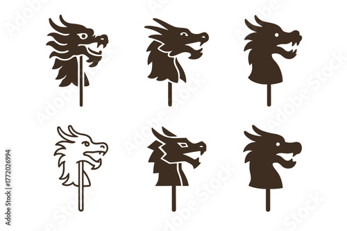Giant Puppet Logos. giant puppets. Set Logo of giant puppets: Street parade dragon puppet. Icon set. harmonious logo variations of the same emblematic concept,
