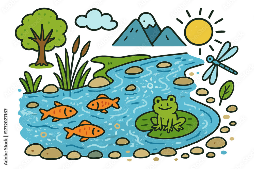 Naklejka premium Colorful River Doodle. Clear river. Colorful Hand-drawn doodle Children illustration Clear river flowing water, smooth stones, fish, reeds, dragonfly, sunlight