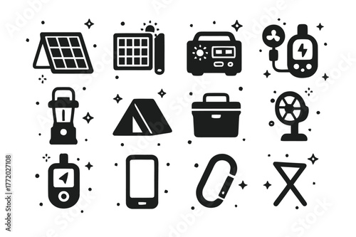 Camping Solar Essentials. Portable solar for camping. Solid icons set of Portable solar for camping: portable panel, solar blanket, power station, USB charger,