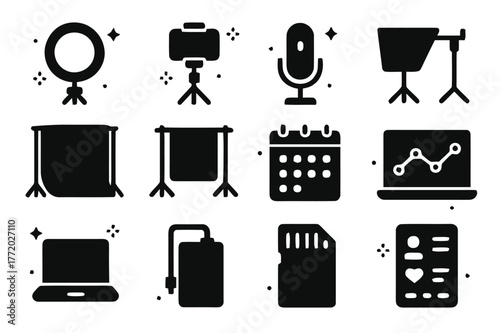 Digital Marketing Toolkit. Digital marketing setup at home. Solid icons set of Digital marketing setup at home: ring light, smartphone tripod, USB microphone,