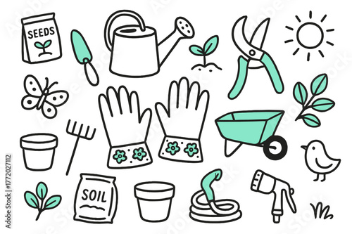 Garden Essentials Doodle. // Gardening gloves. Hand-drawn doodle illustration gardening gloves [glove pair with floral cuff (accented), trowel, pruning shears