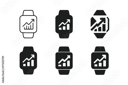 Sports Logo Variations. Sports performance tracking. Set Logo of Sports performance tracking: smartwatch face with rising chart. harmonious logo variations of