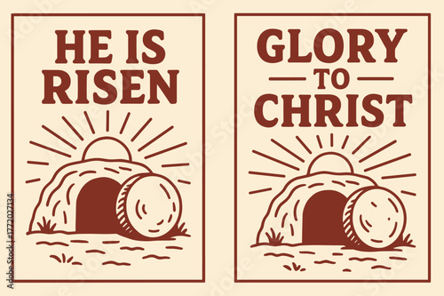 Resurrection Banners. Resurrection Glory. Two vertical A6 banners with safe margins, centered composition, no elements touching edges, cartoon, crimson and