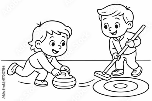 Curling Fun for Kids. Curling delivery practice children?s coloring book illustration, outlined drawing, a child sliding a curling stone while a friend guides