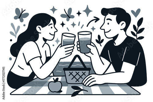 Whimsical Lakeside Picnic. A couple having a picnic by the lake, relaxing and enjoying the outdoors. Close-up of hands holding glasses of juice on picnic
