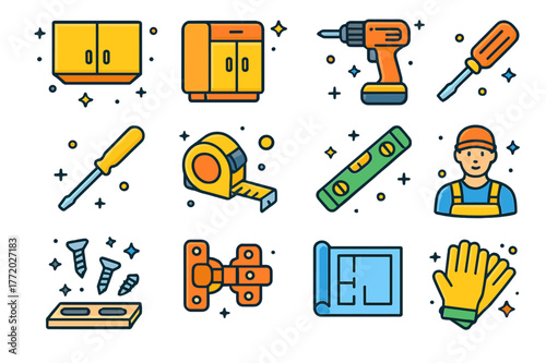 Isometric Kitchen Makeover Icons. Kitchen makeover. Colorful isometric vector icons set of kitchen makeover: upper cabinets, lower cabinets, drill,