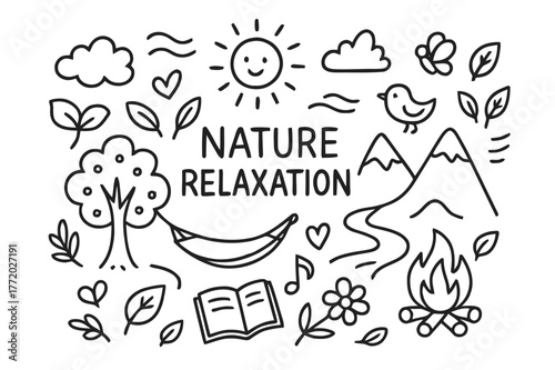 Nature Relaxation Doodles. Nature relaxation. Hand-drawn doodle illustration nature relaxation tree, river, mountain, hammock, sun, clouds, leaves, bird,