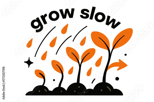 Seedlings in Rain. Seeds ? Rain Nourish. Droplets fall across sprouting soil; arcs mark hydration lines. Caption ?grow slow? curves above seedlings. Modern