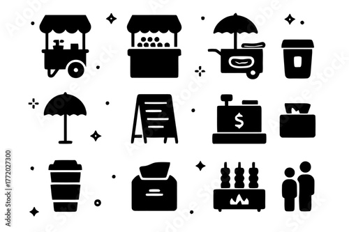 Street Vendor Icons. Street vendors and markets. Solid icons set of Street vendors and markets: food cart, fruit stall, hot dog stand, coffee kiosk, umbrella,