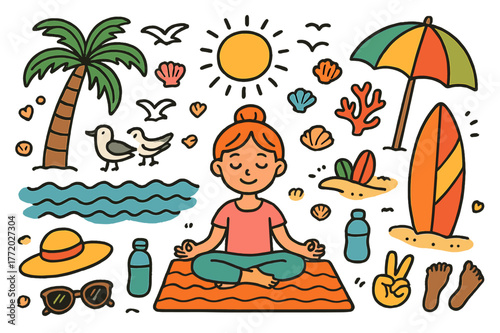 Beach Yoga Doodles. Serving Order ? Retro Poster; lettering: bold rounded; composition: banner with side icons; effects: halftone rim + gentle