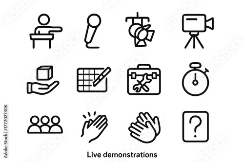 Live Demo Icons. Live Demonstrations. Line icon set of live demonstrations: presenter, microphone, spotlight, camera, tripod, product, cutting mat, tool kit,