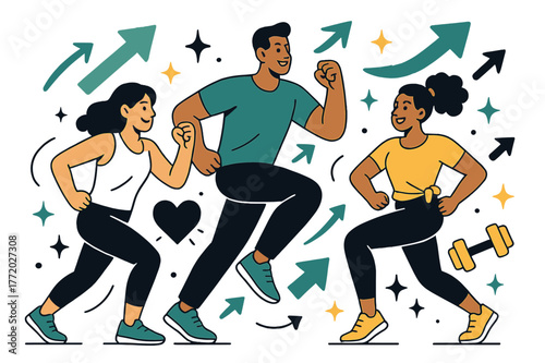 Energetic Group Workout. Workout motivation. Group fitness class with abstract floating arrows, icons, and sparkles; conveys teamwork, energy, and workout