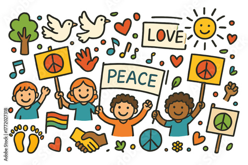Colorful Peaceful Protest. Peaceful protest. Colorful Hand-drawn doodle Children illustration Peaceful protest signs, doves, banners, hearts, smiling faces,