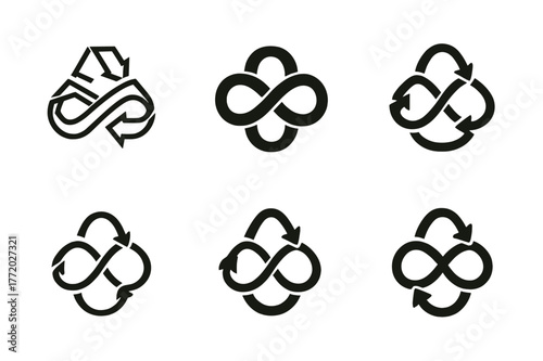 Infinity Metal Rings. Recycled metal jewelry. Set Logo of Recycled metal jewelry: infinity loop ring. harmonious logo variations of the same emblematic