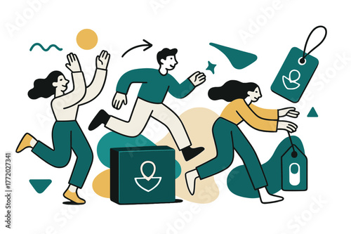 Minimalist Jewelry Branding. Accessories branding. Logo of a minimalist jewelry line floating over abstract shapes. Elegant box and tag with metallic shine.