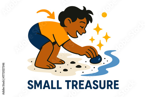 Child's Beach Treasure. Pebble ? Beach Discovery. Child?s hand picks up a shiny stone from the wet sand; gentle sparkle icons mark the find. Caption ?small