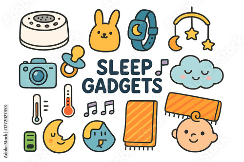 Colorful Sleep Gadgets Icons. Sleep gadgets. Colorful Hand-drawn doodle Children illustration Sleep gadgets white noise machine, soft night light, sleep