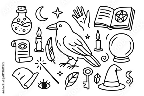 Mystical Raven Icons. Raven and magic. Hand-drawn doodle illustration Raven and magic potion bottle, spell book, candle, wand, crystal ball, feather, scroll,