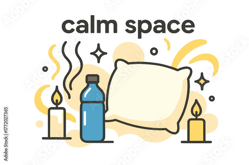 Calm Space Symphony. Relaxing Environment. Candles, water bottle, and pillow arranged symmetrically; gentle curves of scent and light move outward. Text tag: