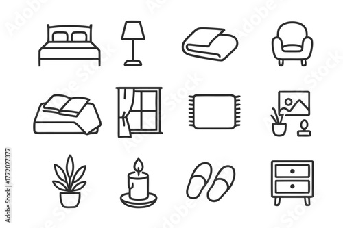 Minimalist Bedroom Icons. Cozy Bedroom. Line icon set of Cozy Bedroom: bed with pillows, bedside lamp, blanket, book on bed, window with curtain, rug, soft