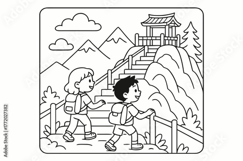 Mountain Shrine Adventure. Mountain shrine hike children?s coloring book illustration, outlined drawing, kids climbing gentle steps with railings toward a tiny