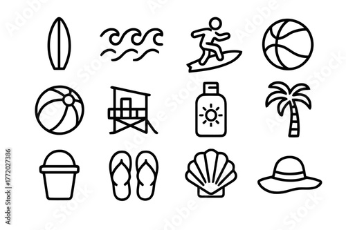 Coastal Icon Set. Coastal fun. Line icon set of coastal fun: surfboard, waves, surfer, volleyball, beach ball, lifeguard tower, sunscreen bottle, palm tree,