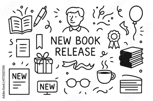 Book Launch Celebration. New book release. Hand-drawn doodle illustration open book, pen, author, confetti, bookmark, poster, balloon, stack of books, ribbon,