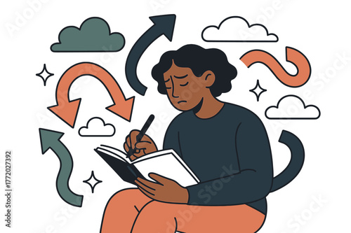 Journaling Through Stress. Navigating stress. Individual journaling thoughts with abstract floating arrows, clouds, and sparkles; emphasizes reflection,