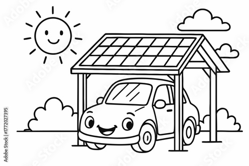 Sunny Solar Carport. Solar carport children?s coloring book illustration, outlined drawing, a cheerful car parked under a solar roof while the sun shines