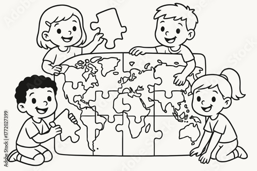 Children Assembling World Puzzle. World map puzzle children?s coloring book illustration, outlined drawing, continents shaped as puzzle pieces being placed