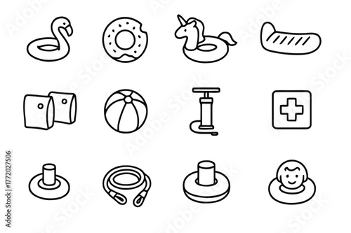 Inflatable Pool Icons. Inflatable Pool Toys. Line icon set of Inflatable Pool Toys: flamingo float, donut float, unicorn float, inflatable lounger, arm
