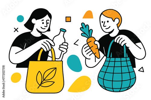 Eco-Friendly Shopping. Eco-Friendly Shopping Hauls. Close-up of eco-friendly products being placed in reusable bags with floating abstract geometric shapes,